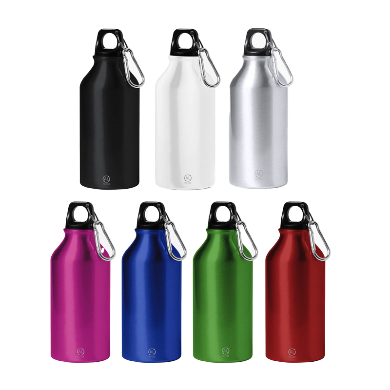 Butelka sportowa 400 ml z aluminium z recyklingu, z karabińczykiem V1065