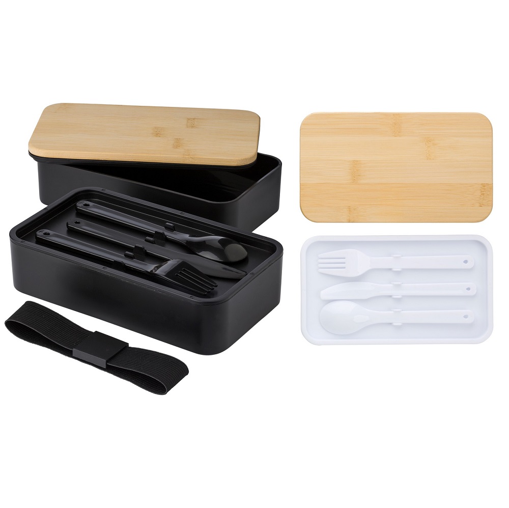 Pudełka śniadaniowe 2 w 1, 2x400 ml, bambusowe wieczko, sztućce V1215